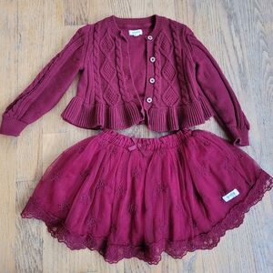Newbie Burgundy Knit Cardigan and Tulle Skirt Set, Size 1-2 years